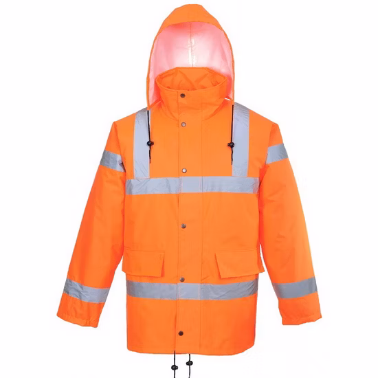 Capa de chuva com capuz ajustável para segurança reflexiva à prova d'água ao ar livre Hi Vis Safety Workwear Jacket